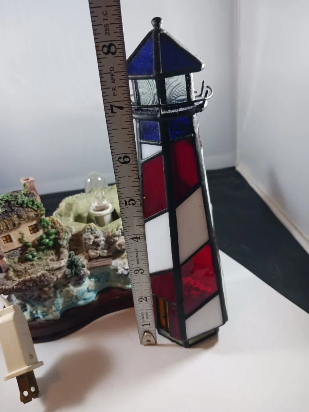 Vintage Stained Glass Lighthouse with Resin Houses on beach on Wood Base